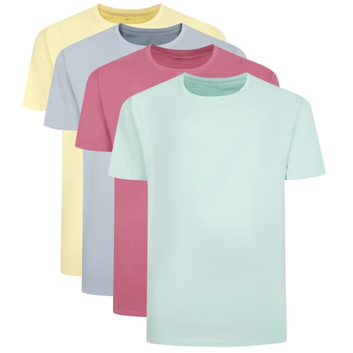 Four plain crew neck T-shirts in pale yellow, blue, mauve and mint.